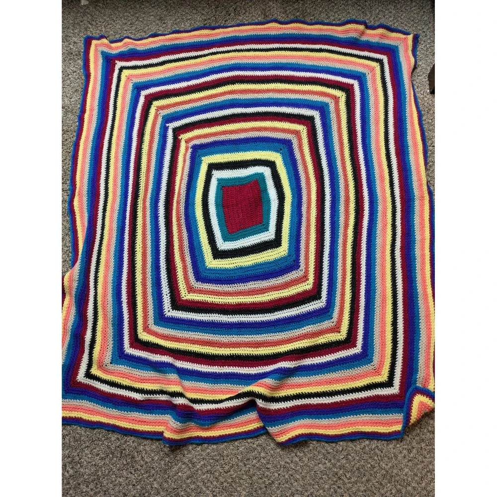 Handmade Knit Afghan Throw Blanket 48x47 Multicolor Striped Reversible